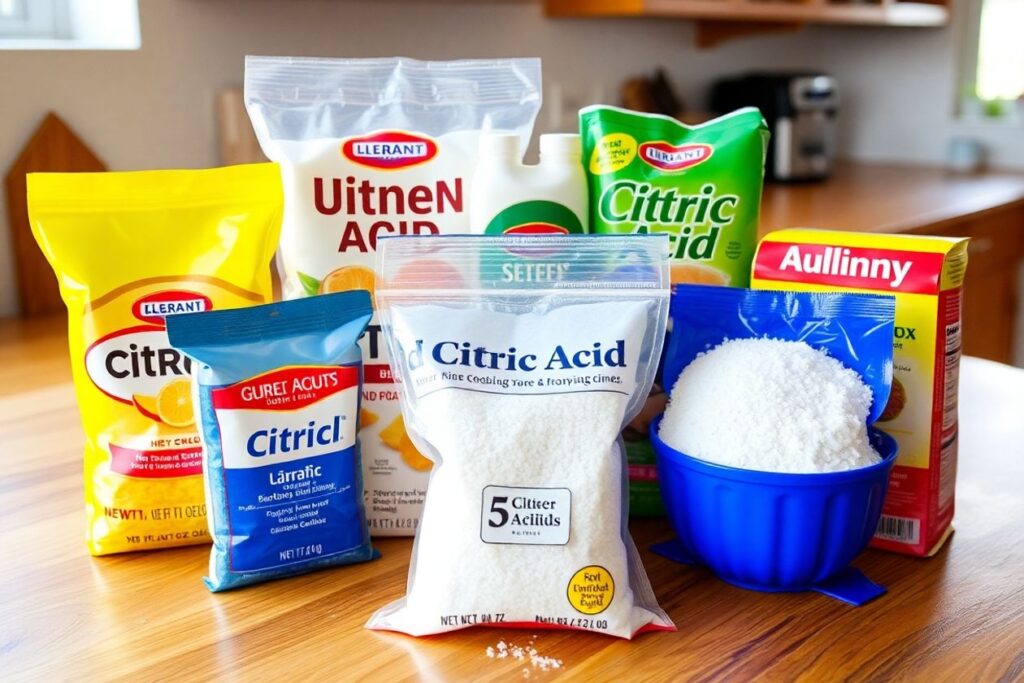 Various brands of citric acid on a kitchen countertop.