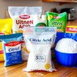 Various brands of citric acid on a kitchen countertop.