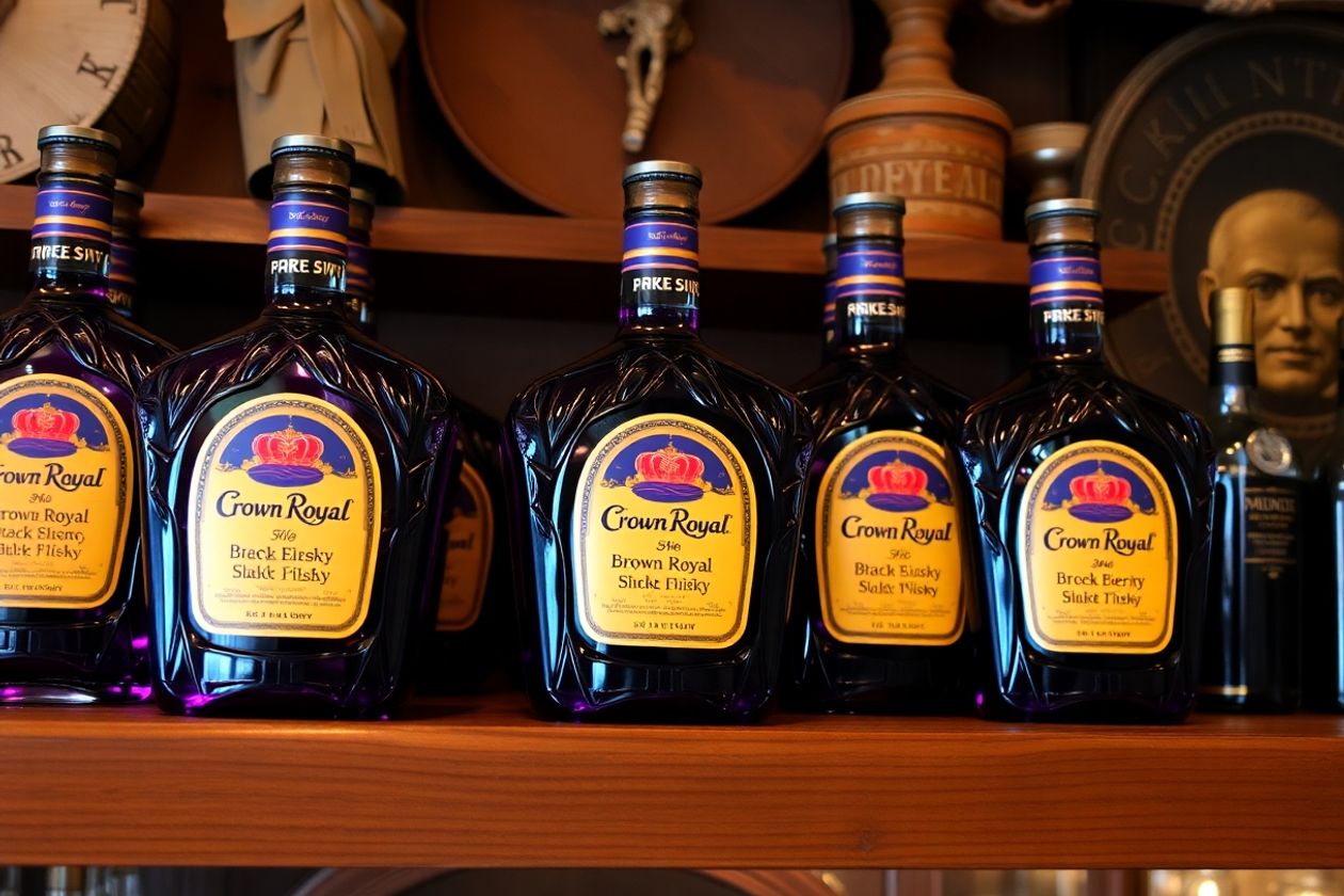 Bottles of Blackberry Crown Royal on a bar shelf.