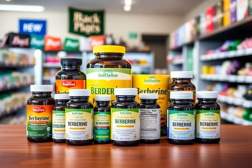 Photo of berberine supplements in a store setting.