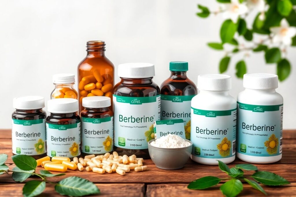 Assorted berberine supplements in natural setting.