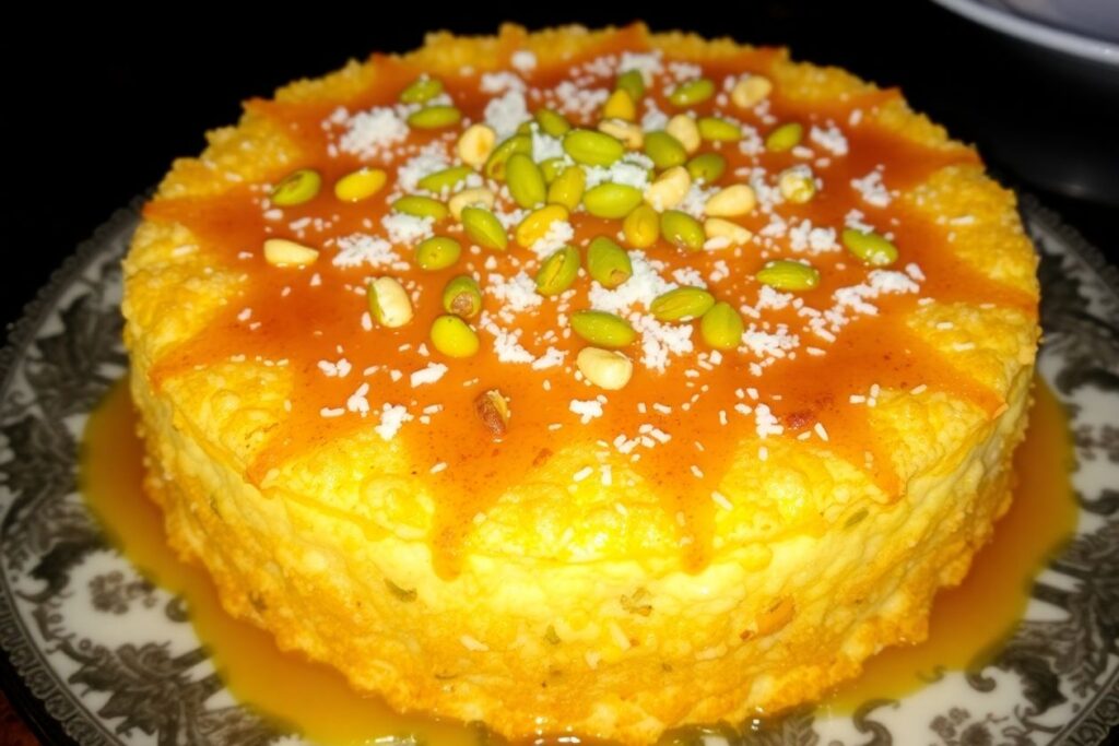 Delicious kunafa dessert with syrup and nuts on platter.