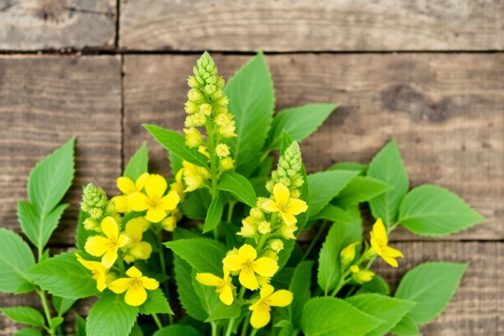 Fresh mullein leaves and flowers on wooden background.