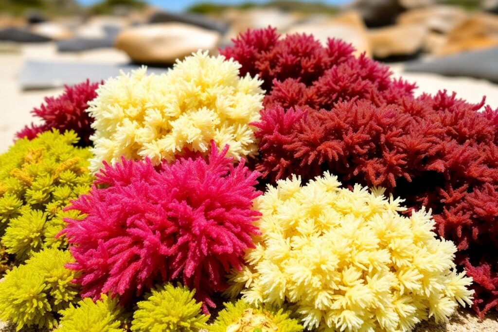 Colorful sea moss on a sandy beach background.