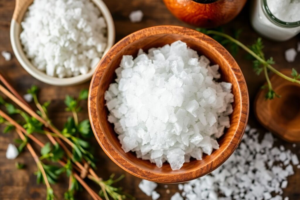 Celtic salt in a wooden bowl with herbs.