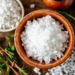 Celtic salt in a wooden bowl with herbs.