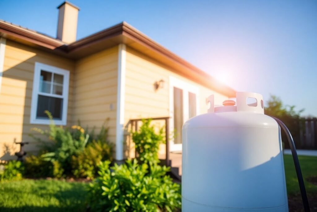 Cozy home with propane tank in a sunny garden.