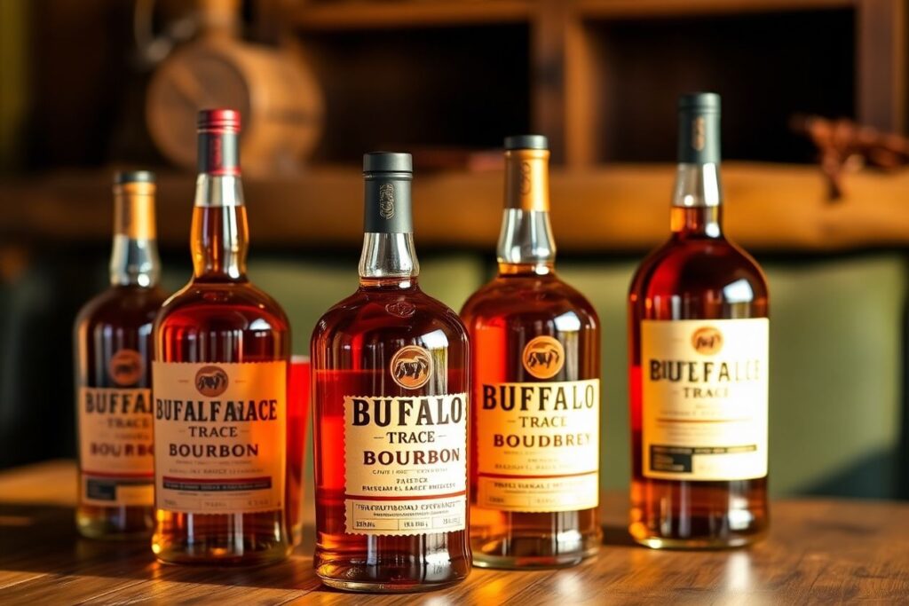 Buffalo Trace Bourbon bottles on a wooden table.