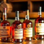 Buffalo Trace Bourbon bottles on a wooden table.