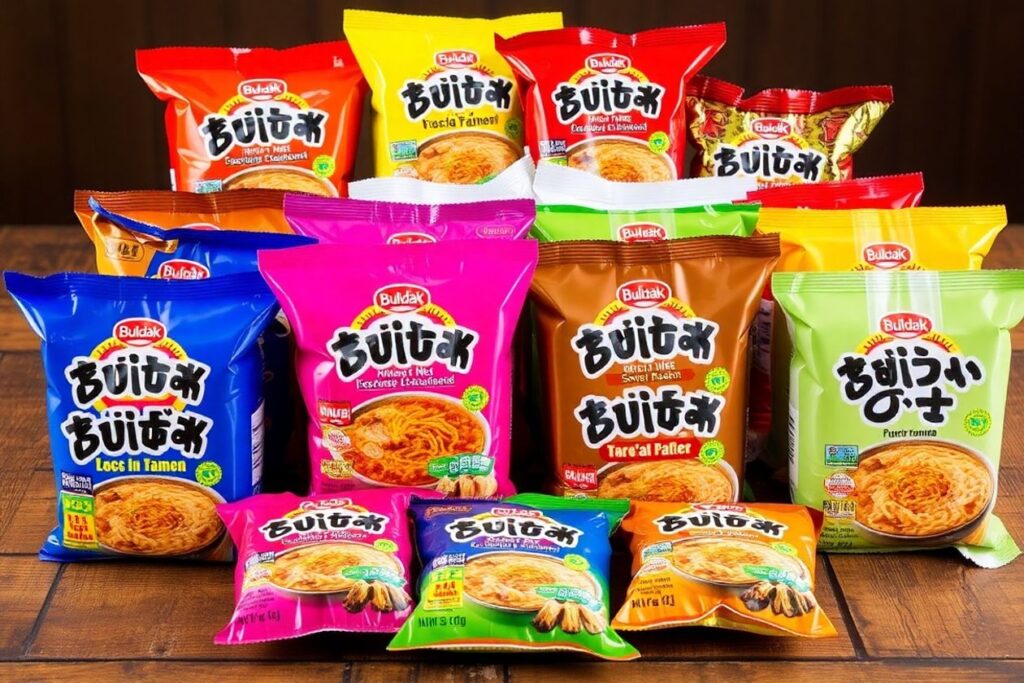 Various packs of Buldak Ramen on a wooden table.