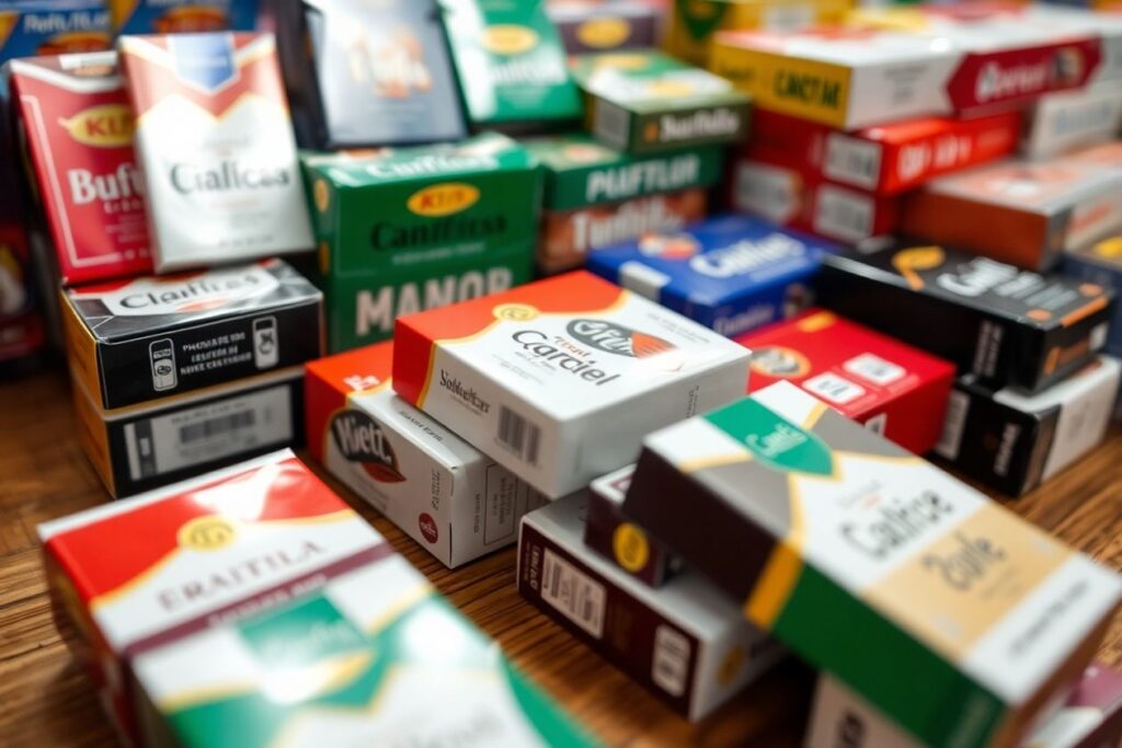 Assorted cigarette packs on a wooden table.