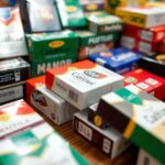 Assorted cigarette packs on a wooden table.